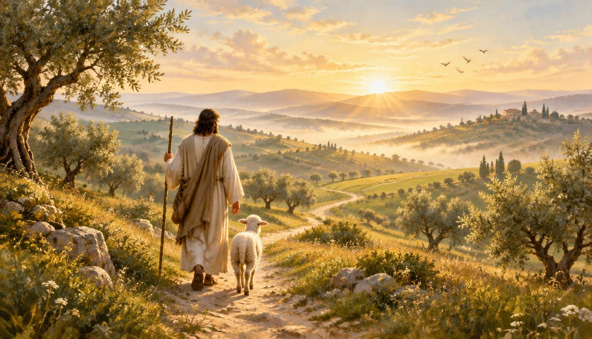 A shepherd walking with a little lamb toward the sunrise over rolling hills