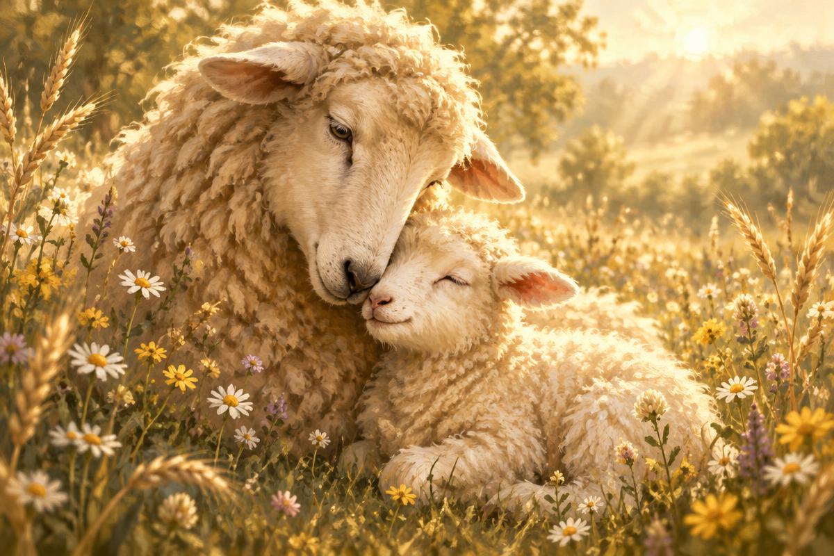 A little lamb resting safely beside its mother in golden meadow light